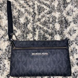 Black Michael Kors MK Logo Wristlet Wallet Purse Bag Silver Hardware